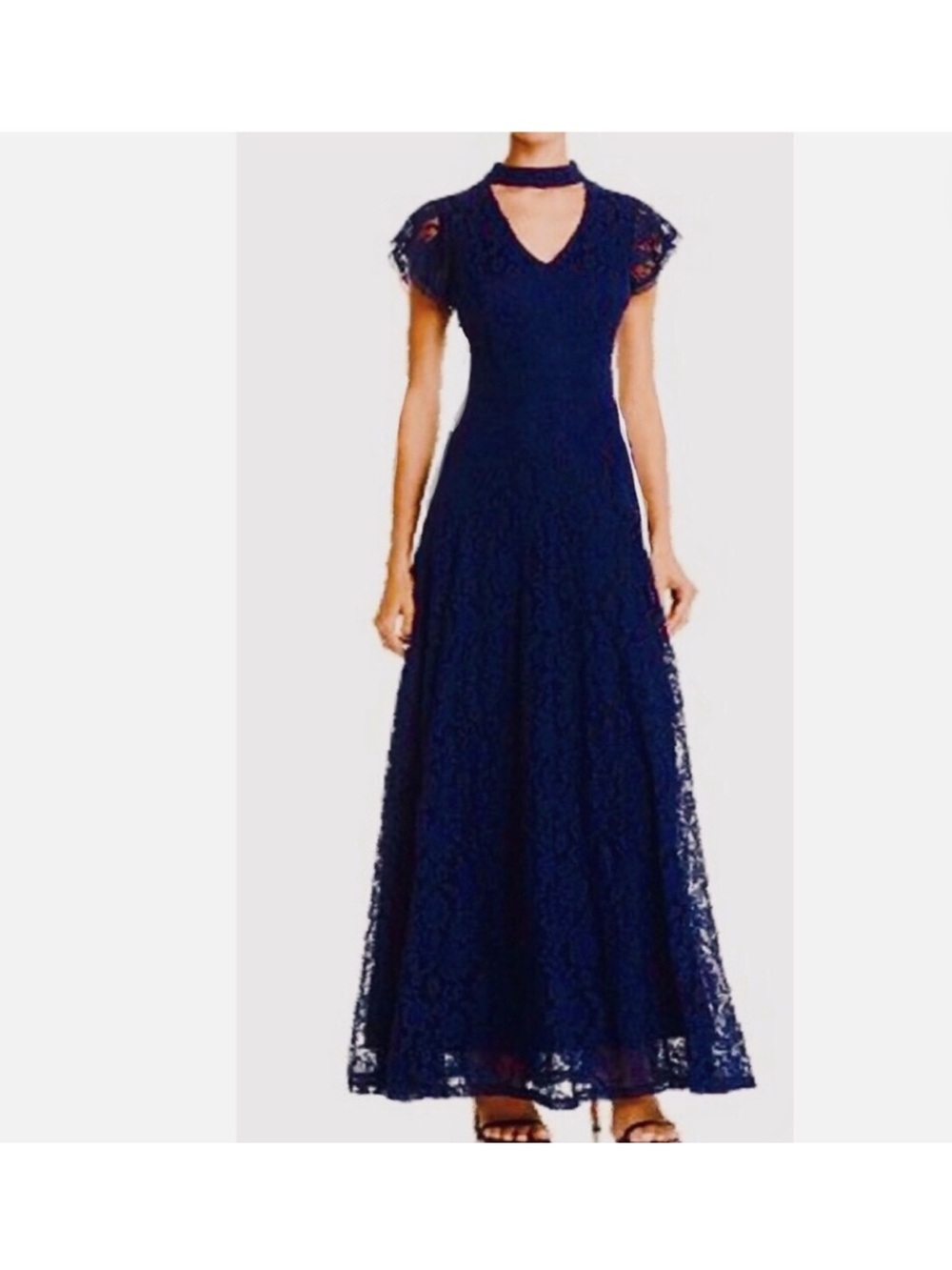 New w tags Aqua Navy Blue Chicker Neck Lace Choker Keyhole Formal Maxi Dress XS